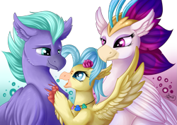 Size: 1063x752 | Tagged: safe, artist:julunis14, character:princess skystar, character:queen novo, character:seaspray, species:classical hippogriff, species:hippogriff, my little pony: the movie (2017), beautiful, claws, cute, ear fluff, eyeshadow, female, flower, flower in hair, folded wings, happy, implied father, implied father and daughter, lidded eyes, makeup, male, missing accessory, mother and child, mother and daughter, shell necklace, shipping, simple background, skyabetes, spread wings, straight, talons, trio, wings, young