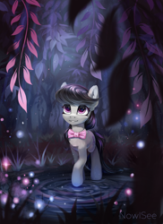 Size: 1455x2000 | Tagged: safe, artist:inowiseei, character:octavia melody, species:earth pony, species:pony, g4, bow tie, commission, digital art, ear fluff, female, forest, leaf, looking up, mare, outdoors, plant, raised hoof, relaxing, smiling, solo, three quarter view, water