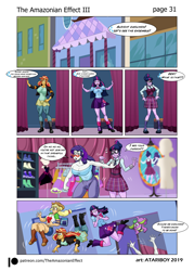 Size: 2726x3802 | Tagged: safe, artist:atariboy2600, artist:bluecarnationstudios, character:applejack, character:rarity, character:spike, character:spike (dog), character:sunset shimmer, character:twilight sparkle, character:twilight sparkle (scitwi), species:dog, species:eqg human, species:human, comic:the amazonian effect, comic:the amazonian effect iii, my little pony:equestria girls, breasts, busty applejack, busty rarity, busty sci-twi, busty sunset shimmer, busty twilight sparkle, clothing, explicit series, glasses rarity, incoming transformation, mouse, muscles, rarity's glasses, skirt, this will not end well