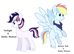 Size: 2415x1746 | Tagged: safe, artist:yaaaco, oc, oc only, parent:double diamond, parent:rainbow dash, parent:twilight sparkle, parents:diamondlight, parents:doubledash, species:pegasus, species:pony, species:unicorn, half-siblings, offspring, simple background, white background
