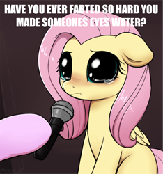 Size: 958x1024 | Tagged: safe, artist:captain metric, artist:moozua, edit, character:fluttershy, species:pegasus, species:pony, big eyes, blushing, caption, crying, crying cat, cute, dilated pupils, female, floppy ears, hoof hold, hooves, image macro, implied farting, looking at you, mare, meme, microphone, offscreen character, ponified animal photo, ponified meme, sad, sadorable, shyabetes, solo focus, teary eyes, text