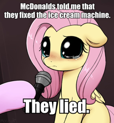 Size: 558x599 | Tagged: safe, artist:captain metric, artist:moozua, edit, character:fluttershy, species:pegasus, species:pony, big eyes, blushing, caption, crying, crying cat, cute, dilated pupils, female, floppy ears, hoof hold, hooves, image macro, looking at you, mare, mcdonald's, meme, microphone, offscreen character, ponified animal photo, ponified meme, sad, sadorable, shyabetes, solo focus, teary eyes, text