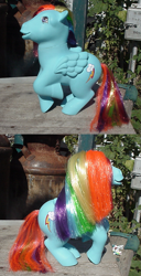 Size: 707x1376 | Tagged: safe, artist:lonewolf3878, character:rainbow dash, species:pegasus, species:pony, g1, backwards cutie mark, brushable, custom, female, g4 to g1, generation leap, irl, photo, toy