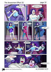 Size: 2726x3802 | Tagged: safe, artist:atariboy2600, artist:bluecarnationstudios, character:rarity, character:sunset shimmer, character:twilight sparkle, character:twilight sparkle (scitwi), species:eqg human, species:human, comic:the amazonian effect, comic:the amazonian effect iii, my little pony:equestria girls, ahhh, armpits, breasts, busty rarity, carousel boutique, clothing, crystal prep academy uniform, explicit series, high heels, measuring tape, rarity's glasses, red eyes, school uniform, shoes, this will end in snu snu and/or death, transformation
