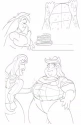 Size: 1617x2498 | Tagged: safe, artist:catstuxedo, character:applejack, character:coloratura, species:human, applefat, applejacked, double chin, fat, female, food, humanized, lineart, monochrome, muscles, pancakes, snow, snowfall, the most fattening time of the year, weight gain