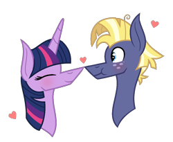 Size: 1100x903 | Tagged: safe, artist:darbypop1, character:star tracker, character:twilight sparkle, species:pony, ship:twitracker, blushing, boop, bust, cute, eyes closed, female, heart, male, noseboop, portrait, profile, shipping, simple background, straight, transparent background