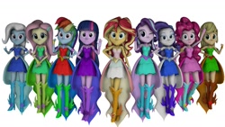 Size: 1192x670 | Tagged: safe, artist:fazbearsparkle, character:applejack, character:daydream shimmer, character:fluttershy, character:pinkie pie, character:rainbow dash, character:rarity, character:starlight glimmer, character:sunset shimmer, character:trixie, character:twilight sparkle, my little pony:equestria girls, 3d, alternate hairstyle, alternate outfits, boots, clothing, daydream shimmer, dress, looking at you, shoes, simple background, skirt, source filmmaker, white background