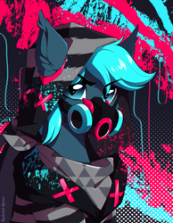 Size: 1200x1548 | Tagged: safe, artist:redchetgreen, part of a set, oc, oc only, species:earth pony, species:pony, blot, clothing, cyberpunk, gas mask, looking at you, male, mask, solo