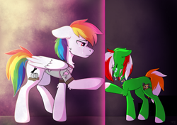 Size: 1261x888 | Tagged: safe, artist:lostinthetrees, oc, oc:rainbowrise, oc:wandering sunrise, species:earth pony, species:pegasus, species:pony, fallout equestria, crying, dead, fallout, father and daughter, female, goodbye, last right, male, pain, shaman, spirit, stable-tec, veil between life and death, wandering sunrise