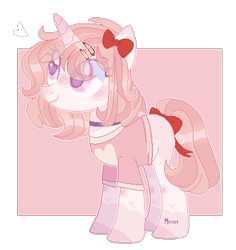 Size: 378x401 | Tagged: safe, artist:moon-rose-rosie, base used, oc, oc:peach, species:pony, species:unicorn, bow, clothing, collar, eye clipping through hair, female, hair bow, hairpin, pink background, simple background, tail bow, transparent background
