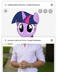 Size: 1080x1350 | Tagged: safe, artist:aryatheeditor, character:twilight sparkle, species:human, species:pony, species:unicorn, derpibooru, alpha channel, clothing, cursed image, element of magic, funny, google, humanized, juxtaposition, lol, meme, meta, shirt, smiley face, watch, wide eyes, you know i had to do it to em