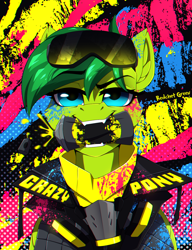 Size: 1200x1564 | Tagged: safe, artist:redchetgreen, oc, oc only, oc:evergreen feathersong, species:pony, biting, blot, blue eyes, can, cyberpunk, mask, mouth hold, paint, solo, visor