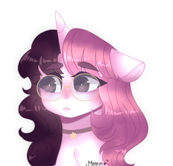 Size: 1280x1225 | Tagged: safe, artist:moon-rose-rosie, oc, oc only, oc:valentina, species:pony, species:unicorn, bust, chest fluff, collar, female, floppy ears, glasses, mare, simple background, solo, stars, transparent background, two toned mane