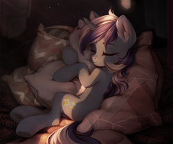 Size: 2000x1668 | Tagged: safe, artist:inowiseei, character:minuette, species:pony, species:unicorn, cute, eyes closed, female, hug, mare, minubetes, pillow, pillow hug, sleeping, solo