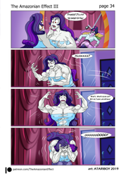Size: 1811x2525 | Tagged: safe, artist:atariboy2600, artist:bluecarnationstudios, character:rarity, character:twilight sparkle, character:twilight sparkle (scitwi), species:eqg human, species:human, comic:the amazonian effect, comic:the amazonian effect iii, my little pony:equestria girls, armpits, breasts, busty rarity, explicit series, fangs, growth, mouse, muscle growth, muscles, overdeveloped muscles, red eyes, ripped rarity