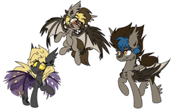 Size: 3791x2375 | Tagged: safe, artist:nekro-led, oc, oc only, oc:graceful motion, oc:night striker, oc:shadow (sh-1014), species:bat pony, species:changeling, double colored changeling, fangs, fusion, hybrid, original species, simple background, white background