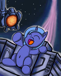 Size: 2400x3000 | Tagged: safe, artist:saburodaimando, character:princess luna, belly button, cute, disney, eyes closed, female, filly, filly luna, flight of the navigator, lunabetes, max, open mouth, sitting, smiling, space, woona, younger
