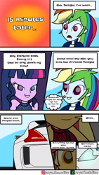 Size: 1080x1920 | Tagged: safe, artist:aryatheeditor, character:rainbow dash, character:sunset shimmer, character:twilight sparkle, character:twilight sparkle (scitwi), species:eqg human, comic:behind of blue eye, comic:mlp daily life, my little pony:equestria girls, car, clothing, comic, dark, digital art, geode of empathy, geode of super speed, geode of telekinesis, magical geodes, nissan, powerful sparkle, shirt, shocked, shocked expression, sleeveless, smiling, straight hair, t-shirt, vehicle