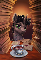 Size: 1280x1868 | Tagged: safe, artist:harwick, oc, oc only, oc:dotted line, species:pony, species:unicorn, fanfic:tales from the civil service, cup, fanfic art, food, letter, male, paperwork, stallion, tea, teacup, wax seal