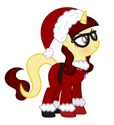 Size: 1265x1381 | Tagged: safe, artist:darbypop1, oc, oc:aria, species:pony, species:unicorn, christmas, clothing, costume, female, glasses, holiday, mare, santa costume, simple background, solo, transparent background