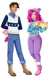 Size: 2950x4729 | Tagged: safe, artist:emberfan11, commissioner:imperfectxiii, character:pinkie pie, oc, oc:copper plume, species:human, blushing, boots, bow, canon x oc, christmas, christmas sweater, clothing, commission, copperpie, female, freckles, gift giving, glasses, hat, holiday, humanized, male, neckerchief, pants, plushie, polka dots, present, shipping, shoes, simple background, straight, sweater, white background