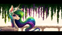 Size: 1920x1080 | Tagged: safe, artist:plainoasis, character:princess celestia, species:alicorn, species:pony, beautiful, female, floral head wreath, flower, looking at you, mare, pc, smiling, solo