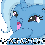 Size: 150x150 | Tagged: safe, artist:jdan-s, edit, character:trixie, species:pony, species:unicorn, animated, cropped, female, gif, laughing, noblewoman's laugh, reaction image, solo, text