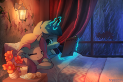 Size: 3000x2000 | Tagged: safe, artist:freeedon, oc, oc only, species:pony, species:unicorn, animated in description, bed, bedroom, commission, cup, female, food, glass, in bed, light, lying down, magic, male, mare, night, oc x oc, rain, shipping, smiling, stallion, straight, telekinesis, window