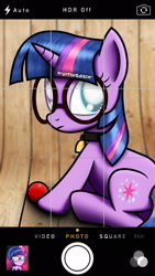 Size: 1080x1920 | Tagged: safe, artist:aryatheeditor, character:twilight sparkle, character:twilight sparkle (scitwi), species:eqg human, species:pony, species:unicorn, my little pony:equestria girls, adorable face, ball, bell, bell collar, camera, camera shot, collar, cute, cutie mark, digital art, element of magic, female, geode of telekinesis, glasses, iphone, looking up, magical geodes, meme, photo, pony pet, powerful sparkle, shiny, solo, straight mane, twily face, wood