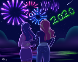 Size: 1500x1192 | Tagged: safe, artist:emberfan11, character:sunset shimmer, character:twilight sparkle, species:human, ship:sunsetsparkle, 2020, female, fireworks, happy new year, happy new year 2020, holiday, humanized, lesbian, shipping