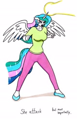 Size: 1567x2480 | Tagged: safe, artist:killerteddybear94, derpibooru original, character:princess celestia, species:anthro, angry, attack, blast, clothing, cropped, floppy ears, magic, magic blast, momlestia, open mouth, pants, shirt, spread wings, t-shirt, traditional art, wings