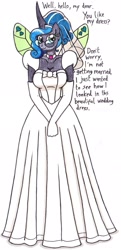 Size: 1203x2481 | Tagged: safe, artist:killerteddybear94, character:queen chrysalis, species:anthro, breasts, bride, busty queen chrysalis, clothing, cropped, dialogue, dress, evening gloves, glasses, gloves, long gloves, looking at you, reversalis, smiling, talking to viewer, traditional art, wedding dress, wedding veil