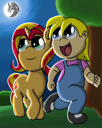 Size: 2400x3000 | Tagged: safe, artist:saburodaimando, character:pony of shadows, character:sunset shimmer, oc, oc:wanda young, species:human, alternate universe, child, evening, female, filly, filly sunset shimmer, kid, moon, night, running, walk, younger