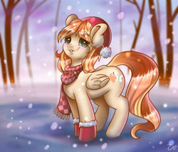 Size: 4724x4017 | Tagged: safe, artist:pitchyy, oc, oc only, oc:apricot drift, species:pegasus, species:pony, booties, christmas, clothing, hearth's warming, holiday, scarf, snow, snowfall, solo, tree, winter outfit