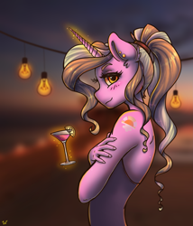 Size: 2937x3433 | Tagged: safe, artist:pitchyy, character:luster dawn, species:anthro, species:pony, species:unicorn, g4, alcohol, alternative cutie mark placement, beach, blushing, cute, delicious flat chest, drink, ear piercing, female, high res, looking at you, lusterbetes, magic, mare, piercing, profile, shoulder cutie mark, side view, smiling, solo, telekinesis