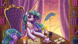 Size: 3840x2160 | Tagged: safe, artist:pitchyy, character:princess celestia, species:alicorn, species:pony, book, bookshelf, candle, chair, crown, cup, female, hoof shoes, inkwell, jewelry, looking at you, magic, magic aura, mare, peytral, quill, regalia, scroll, sitting, solo, teacup, telekinesis, window