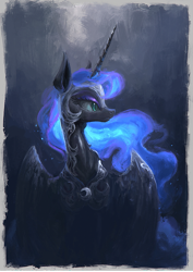 Size: 779x1101 | Tagged: safe, artist:plainoasis, character:nightmare moon, character:princess luna, species:alicorn, species:pony, bust, female, helmet, mare, portrait, solo