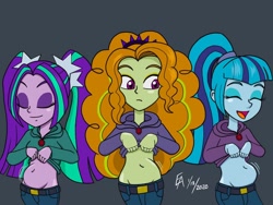 Size: 1024x768 | Tagged: safe, artist:mayorlight, character:adagio dazzle, character:aria blaze, character:sonata dusk, equestria girls:rainbow rocks, g4, my little pony: equestria girls, my little pony:equestria girls, belly button, belly dancer, chubby, clothing, commission, digital art, eyes closed, hoodie, midriff, open mouth, plump, shirt, shirt lift, the dazzlings