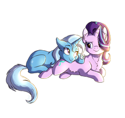 Size: 2516x2384 | Tagged: safe, artist:shimazun, character:starlight glimmer, character:trixie, species:pony, species:unicorn, ship:startrix, chest fluff, female, happy, lesbian, looking at each other, lying down, mare, pony pillow, prone, shipping, simple background, smiling, snuggling, sunshine, transparent background