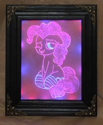 Size: 1355x1638 | Tagged: safe, artist:ashenonedreamer, artist:moozua, character:pinkie pie, species:earth pony, species:pony, acrylic plastic, acrylight, clothing, craft, engraving, female, floppy ears, led, mare, one eye closed, smiling, socks, solo, solo mare, striped socks, tongue out, wink