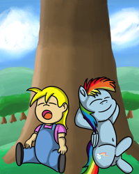 Size: 2400x3000 | Tagged: safe, artist:saburodaimando, character:rainbow dash, oc, oc:wanda young, species:human, species:pegasus, species:pony, belly button, child, crossed hooves, cute, female, filly, filly rainbow dash, sleeping, younger
