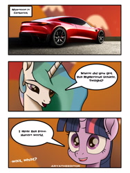 Size: 1620x2160 | Tagged: safe, artist:aryatheeditor, character:princess celestia, character:twilight sparkle, character:twilight sparkle (alicorn), species:alicorn, species:pony, afternoon, car, comic, daily life, digital art, happy, magic, magical geodes, mountain, road, tesla, tesla roadster, vehicle