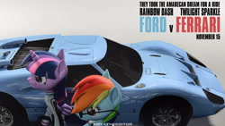 Size: 3840x2160 | Tagged: safe, artist:aryatheeditor, character:rainbow dash, character:twilight sparkle, character:twilight sparkle (alicorn), species:alicorn, species:pegasus, species:pony, ship:twidash, 3d, car, clothing, cover, cover art, crossover, female, ferrari, ford, ford gt, ford gt40, ford v ferrari, lesbian, movie, movie poster, photo, shipping, source filmmaker, suit, sunglasses