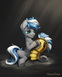 Size: 1592x1968 | Tagged: safe, artist:inowiseei, oc, oc:cloud zapper, species:pony, crepuscular rays, helmet, male, royal guard, simple background, sitting, solo