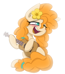 Size: 1953x2232 | Tagged: safe, artist:nekro-led, character:pear butter, species:earth pony, species:pony, blurred background, cute, flower, flower in hair, guitar, musical instrument, open mouth, shading, simple background, sitting, white background