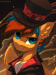 Size: 900x1209 | Tagged: safe, artist:redchetgreen, oc, oc only, species:pegasus, species:pony, clothing, facial hair, goatee, hat, male, smiling, smirk, solo, stallion, top hat
