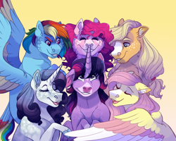 Size: 1500x1200 | Tagged: safe, artist:uunicornicc, character:applejack, character:fluttershy, character:pinkie pie, character:rainbow dash, character:rarity, character:twilight sparkle, character:twilight sparkle (alicorn), species:alicorn, species:earth pony, species:pegasus, species:pony, species:unicorn, alternate design, female, mane six, mare