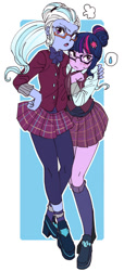 Size: 389x855 | Tagged: safe, artist:pasikon, edit, character:sugarcoat, character:twilight sparkle, character:twilight sparkle (scitwi), species:eqg human, my little pony:equestria girls, blushing, bow tie, clothing, cropped, crystal prep academy uniform, female, glasses, lesbian, looking at you, plaid skirt, pleated skirt, school uniform, shipping, shoes, skirt, socks, sugartwi