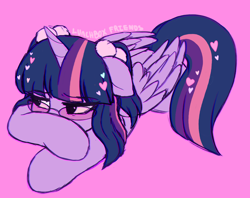 Size: 2334x1848 | Tagged: safe, artist:moozua, character:twilight sparkle, character:twilight sparkle (alicorn), species:alicorn, species:pony, alternate hairstyle, cute, female, floppy ears, frown, glasses, hair accessory, heart, lunchbox friends, mare, pigtails, pink background, prone, simple background, solo, sunglasses, twiabetes