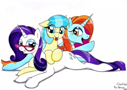 Size: 1920x1358 | Tagged: safe, artist:killerteddybear94, character:coco pommel, character:rarity, character:sassy saddles, species:pony, species:unicorn, blep, cocobetes, cuddle puddle, cuddling, cute, female, glasses, mare, open mouth, pony pile, raribetes, sassybetes, silly, smiling, tongue out, traditional art